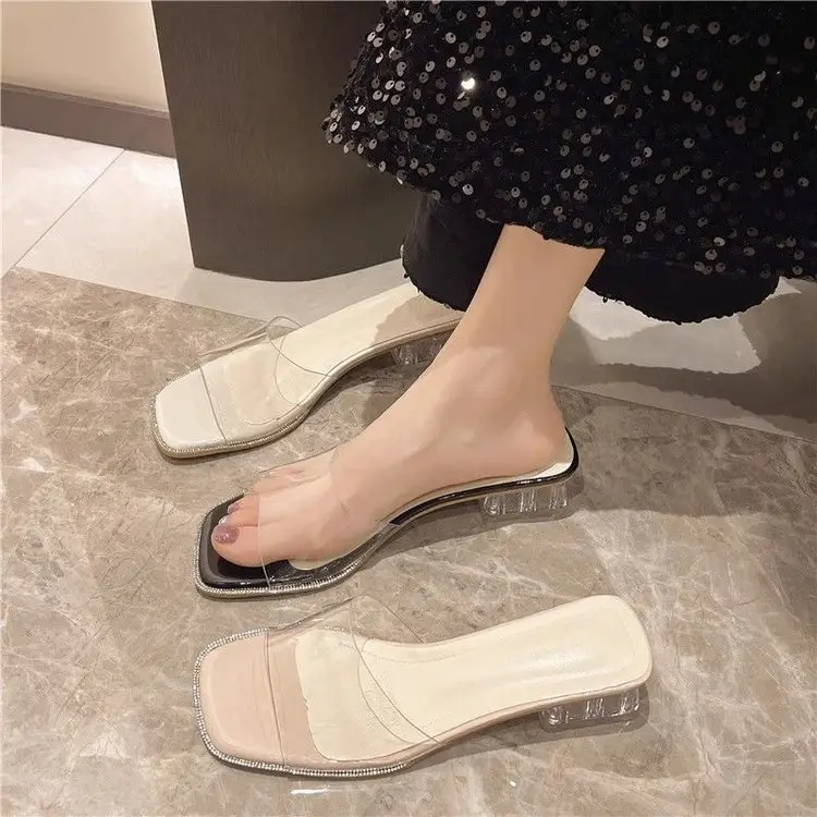 Summer New Slippers Out Wear Square Toe Open Toe Sandals Medium Thick Heel High Heels Transparent Crystal Slide Slide Sandals — feature 4