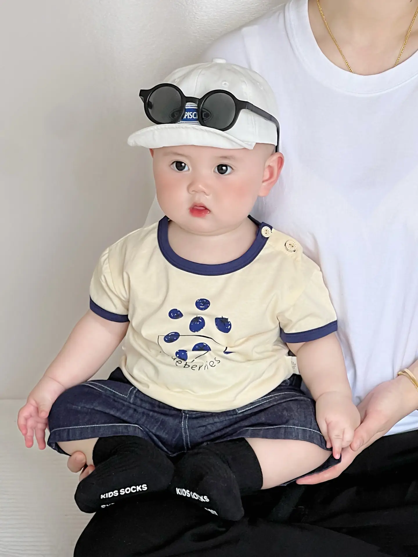 Boys Cotton T-Shirt Blue Button Cartoon Print