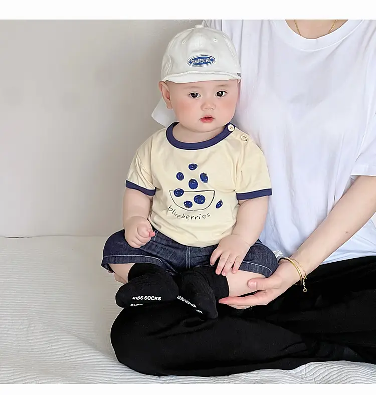Boys Cotton T-Shirt Blue Button Cartoon Print — feature 23