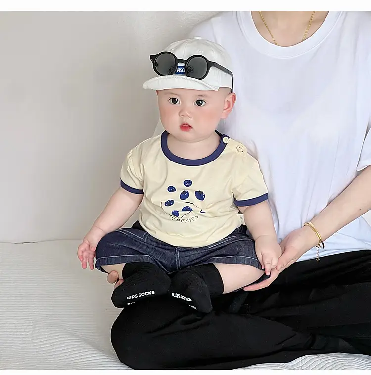 Boys Cotton T-Shirt Blue Button Cartoon Print — feature 24