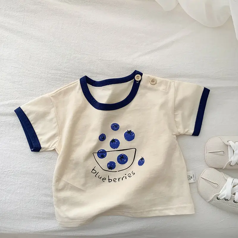 Boys Cotton T-Shirt Blue Button Cartoon Print