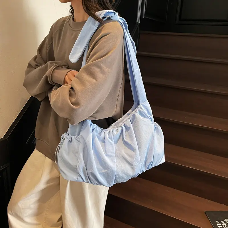 Light Blue Pleated Messenger Bag for Women - Image 8