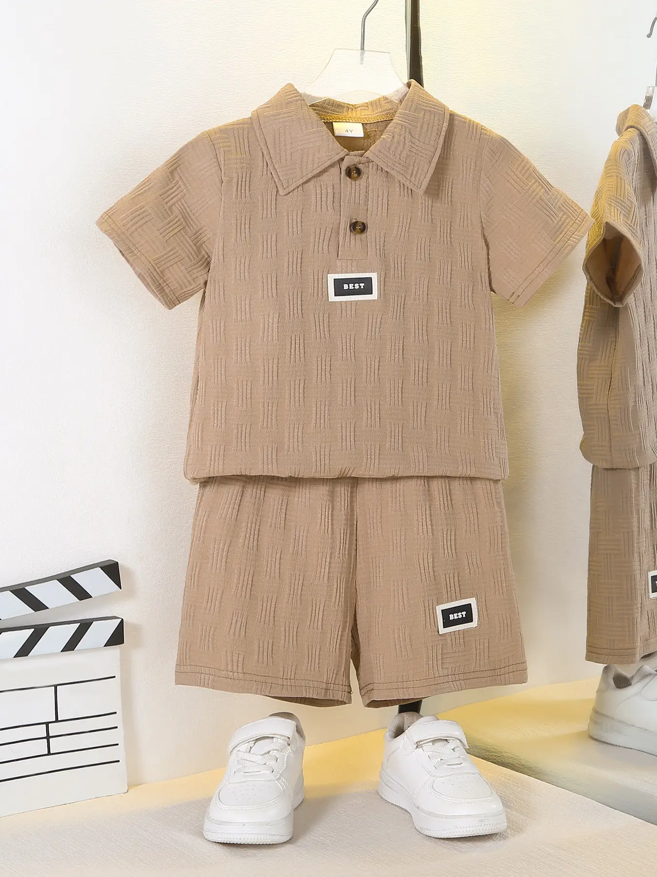 European American Boys Shorts Suit Solid Beige Lel Polo Shirt Two Pieces