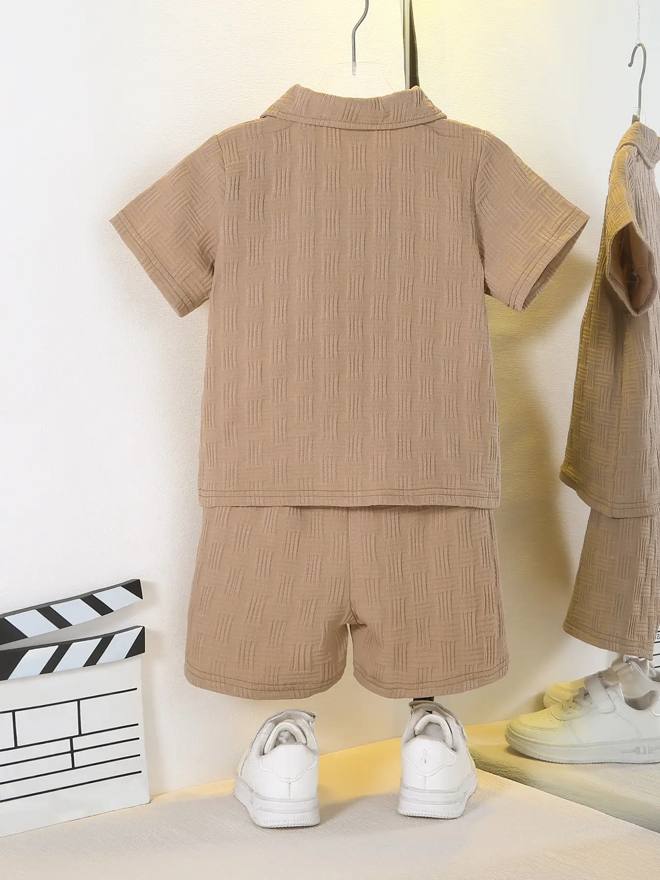 European American Boys Shorts Suit Solid Beige Lel Polo Shirt Two Pieces