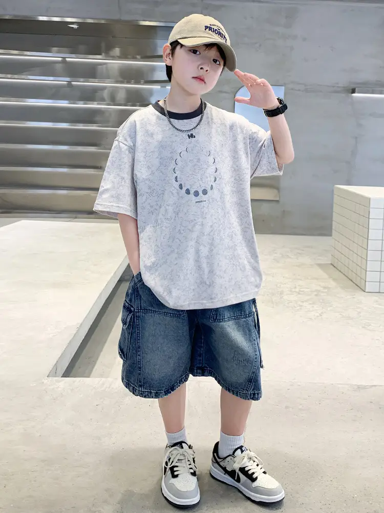 Summer Boys Blue Denim Shorts T-Shirt Set - Image 4