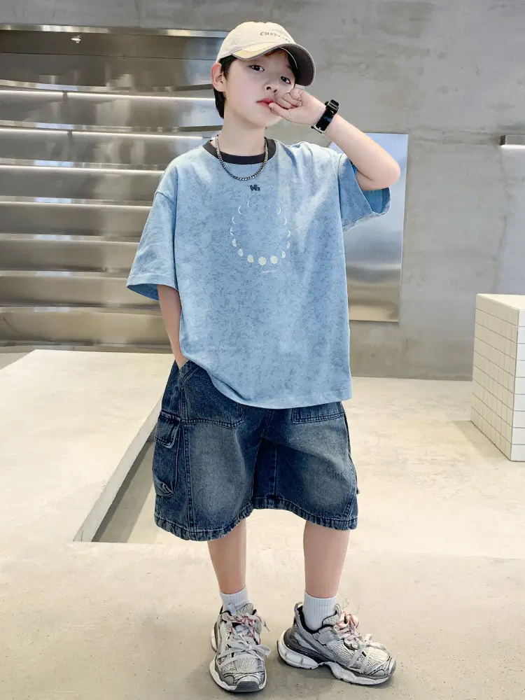 Summer Boys Blue Denim Shorts T-Shirt Set - Image 5
