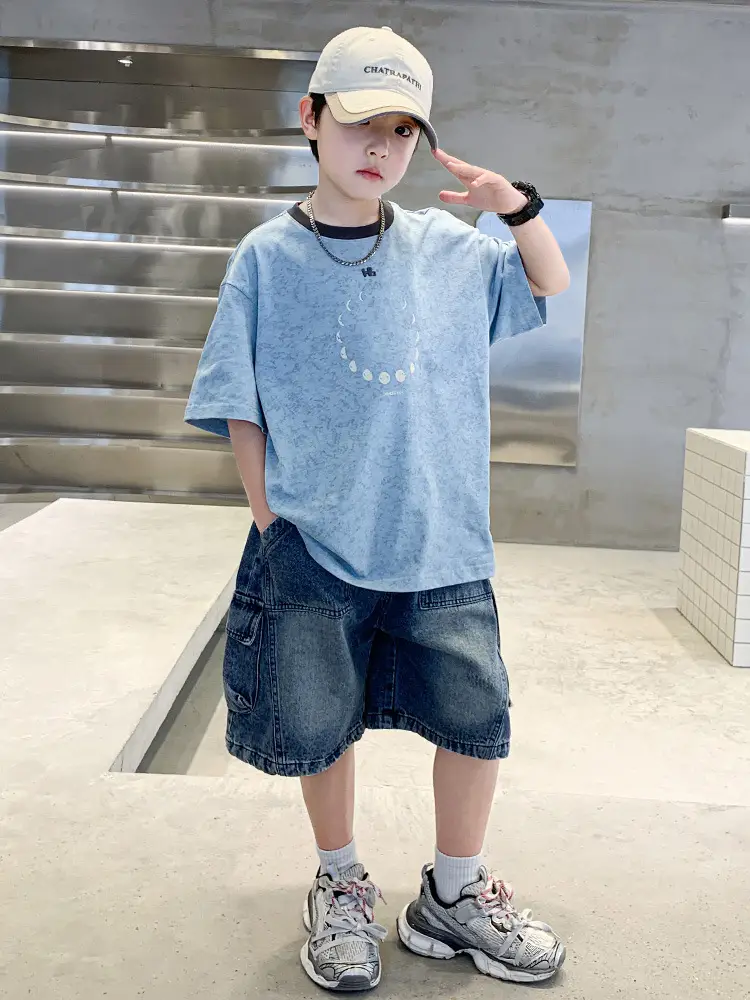 Summer Boys Blue Denim Shorts T-Shirt Set - Image 6