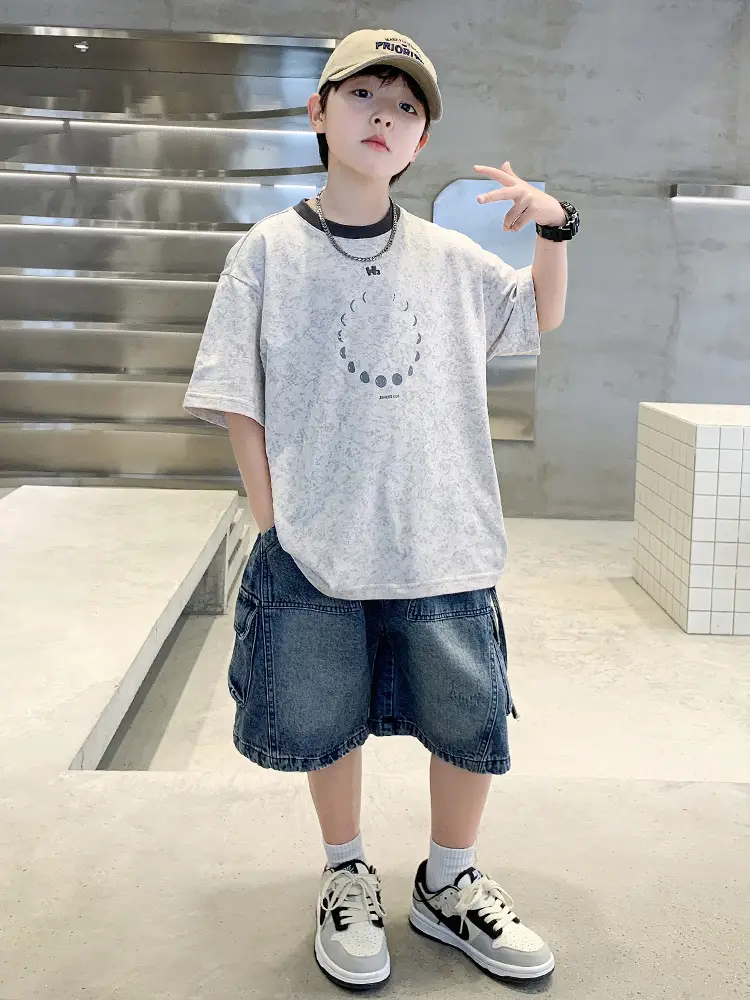 Summer Boys Blue Denim Shorts T-Shirt Set - Image 7