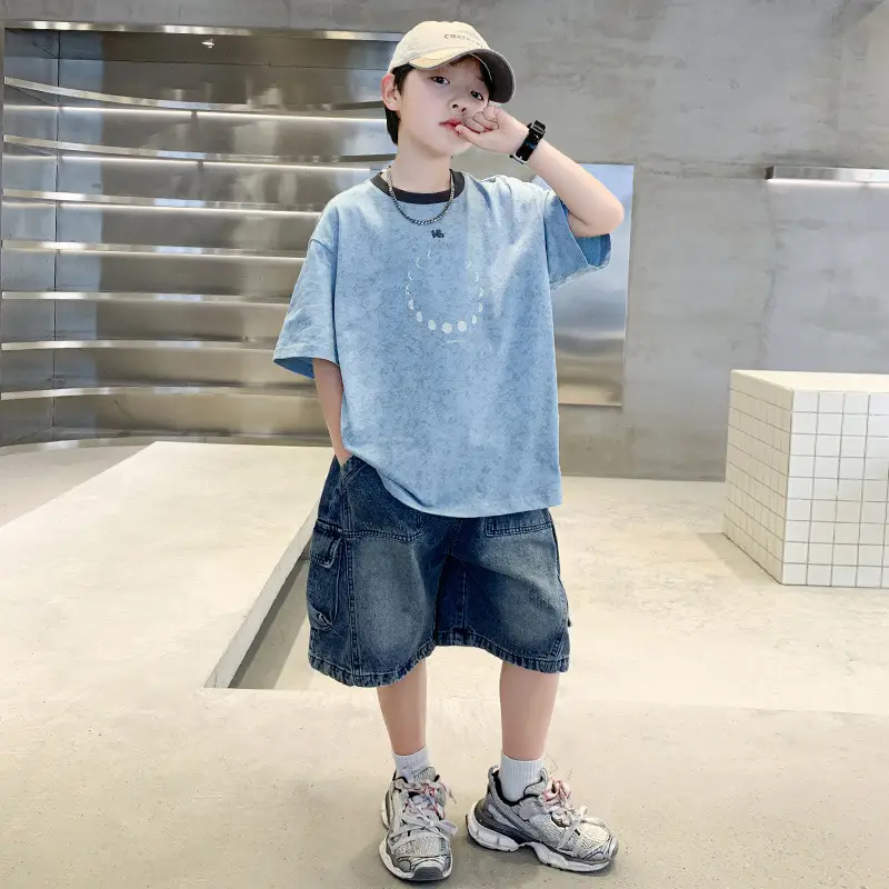 Summer Boys Blue Denim Shorts T-Shirt Set — feature 1