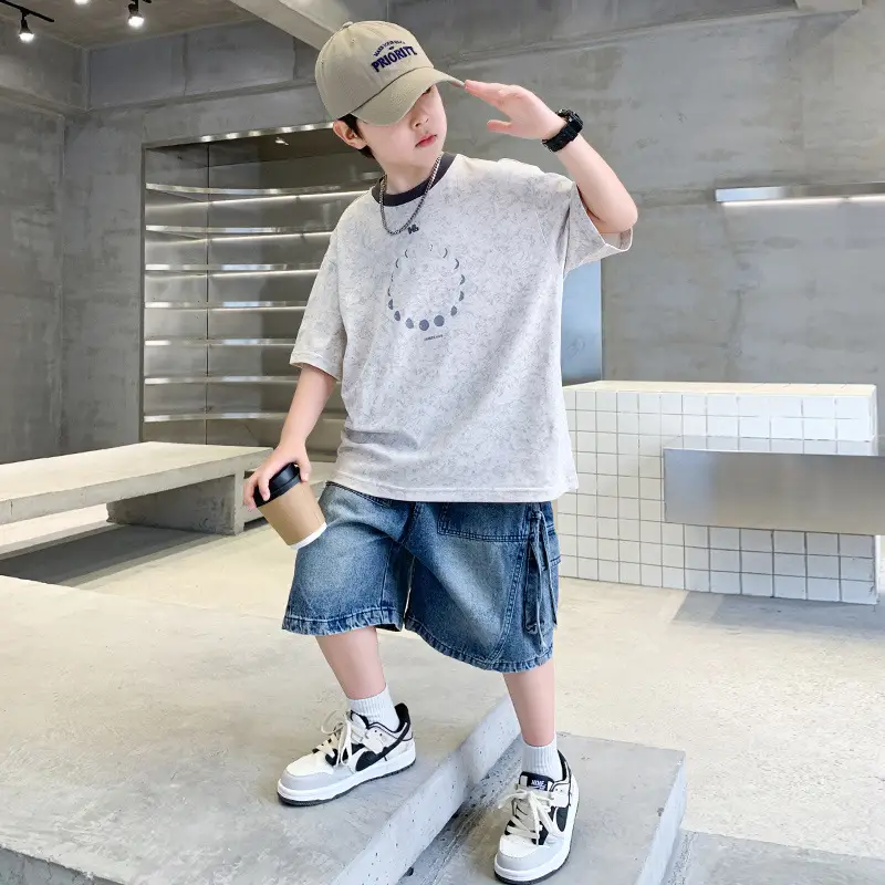 Summer Boys Blue Denim Shorts T-Shirt Set — feature 18