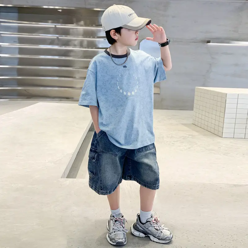 Summer Boys Blue Denim Shorts T-Shirt Set — feature 2