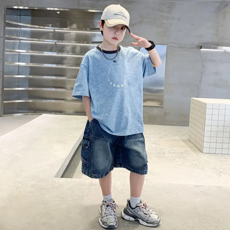 Summer Boys Blue Denim Shorts T-Shirt Set — feature 20