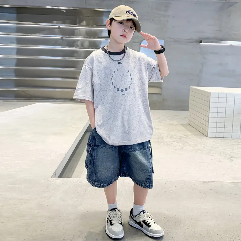 Summer Boys Blue Denim Shorts T-Shirt Set — feature 21