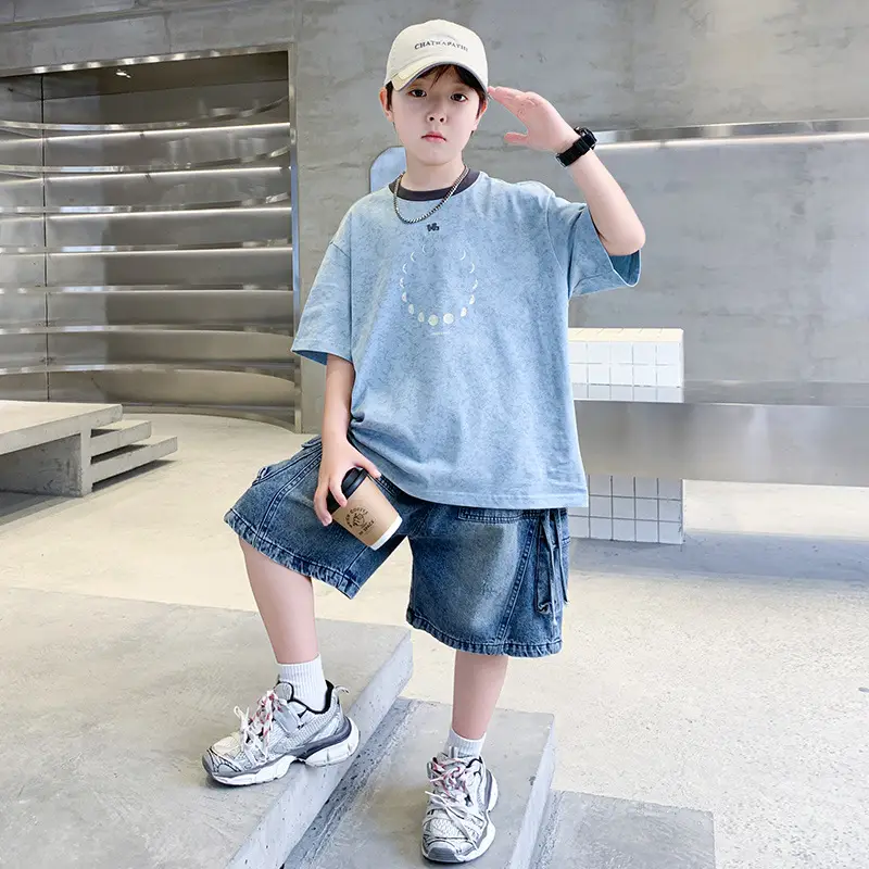 Summer Boys Blue Denim Shorts T-Shirt Set — feature 7