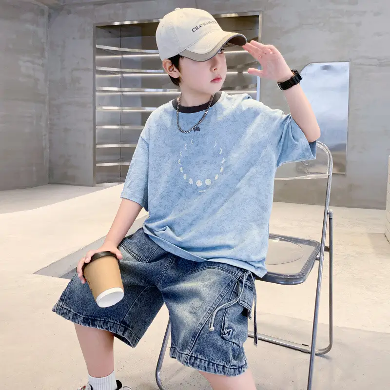 Summer Boys Blue Denim Shorts T-Shirt Set — feature 8