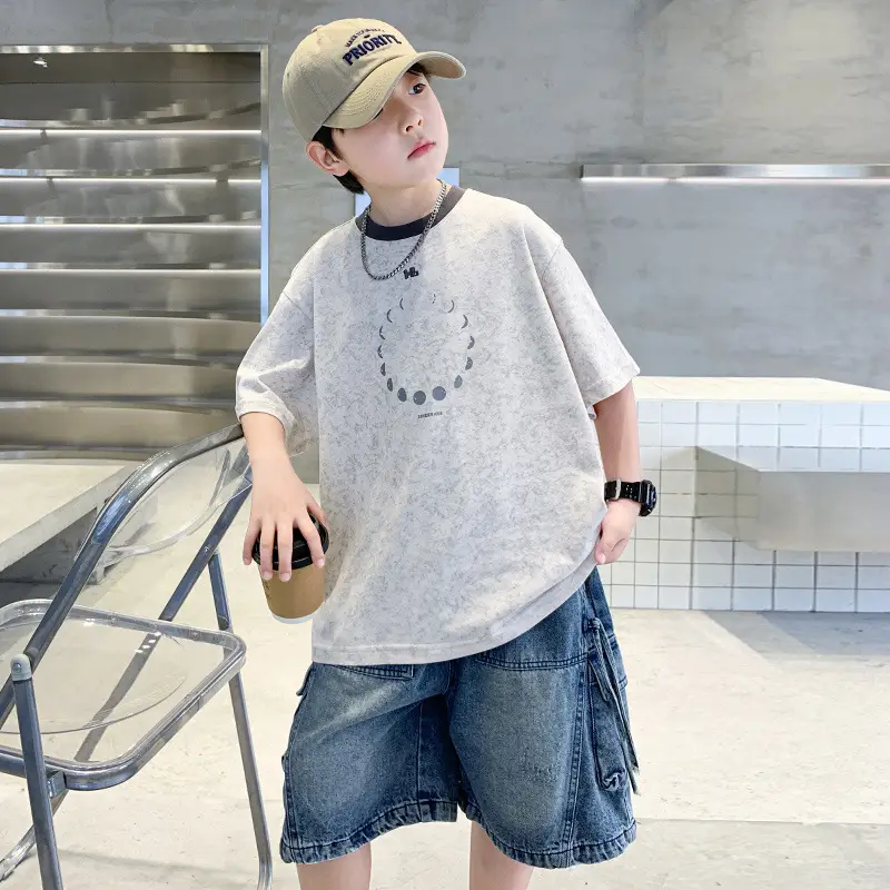 Summer Boys Blue Denim Shorts T-Shirt Set - Image 2