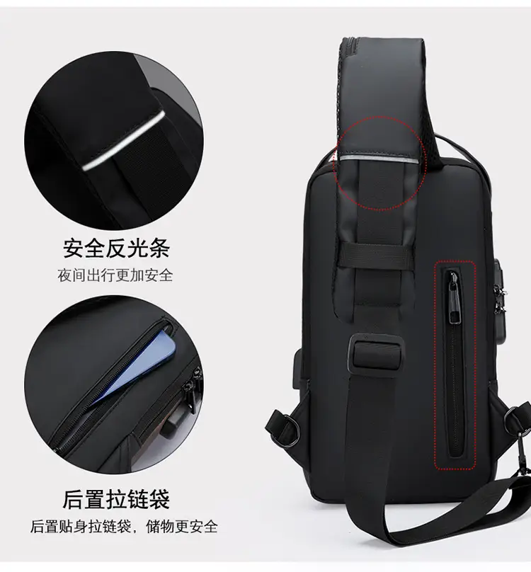 Men's Anti-Theft Chest Bag Black Waterproof Sports Bag — feature 12
