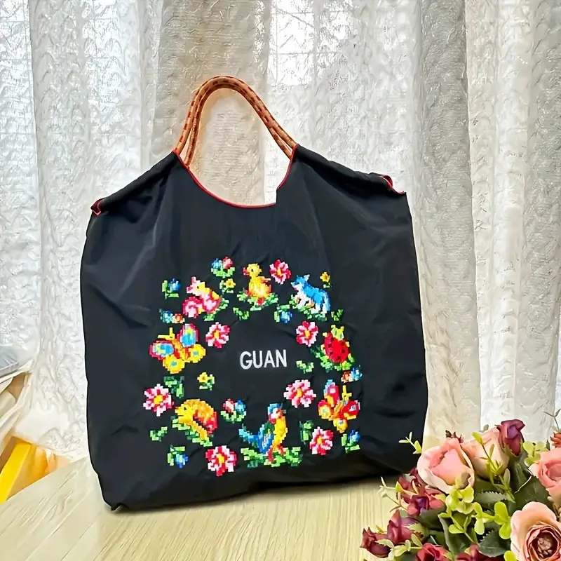 Embroidered Floral Tote Bag Large Capacity Casual Shoulder Bag - Image 5