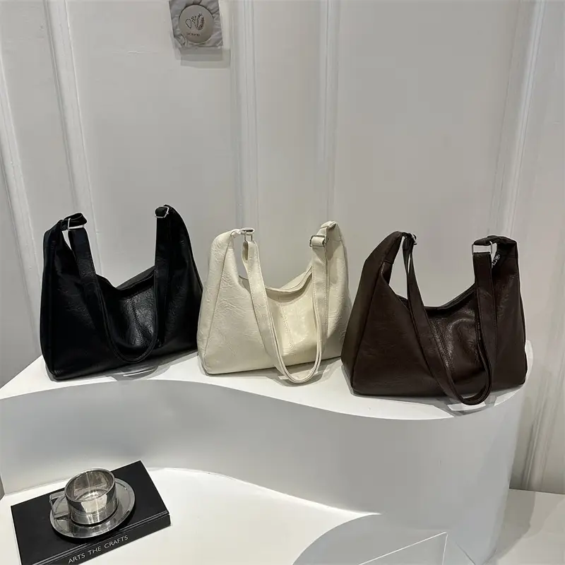 Women Retro Textured Armpit Bag Black White Brown - Image 4