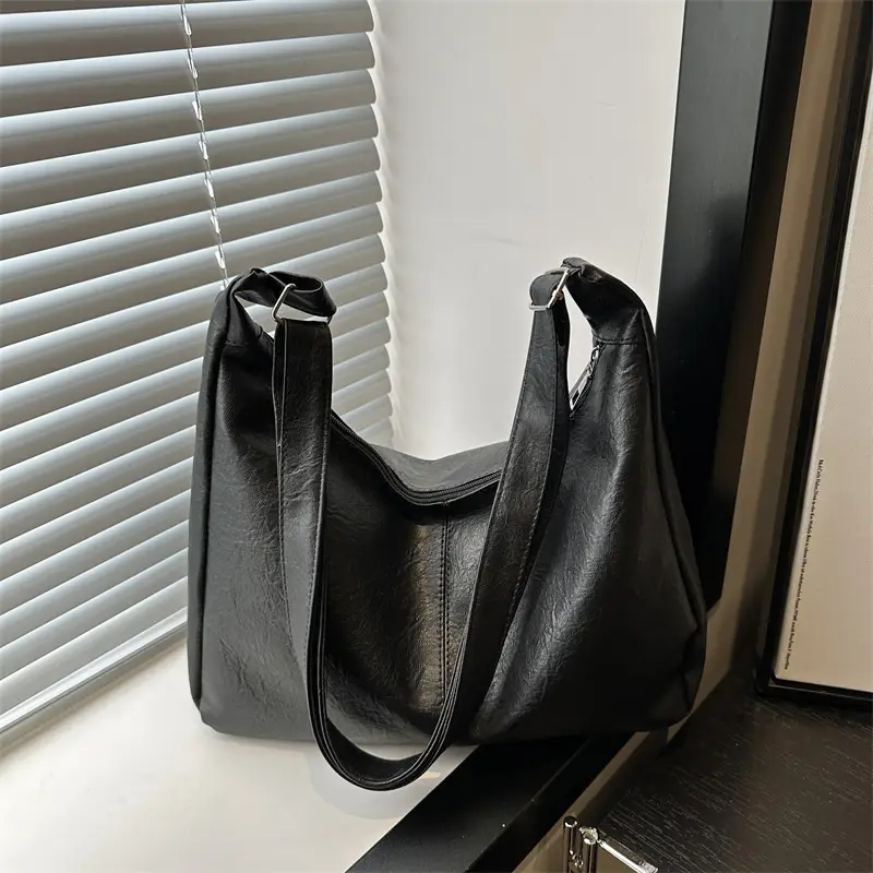Women Retro Textured Armpit Bag Black White Brown - Image 5
