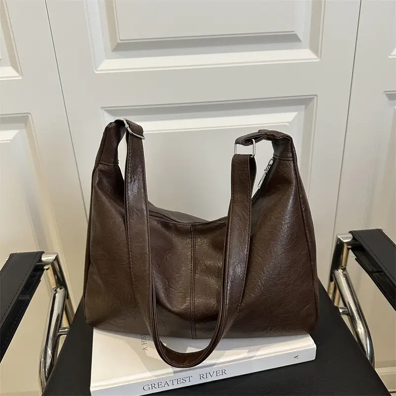 Women Retro Textured Armpit Bag Black White Brown - Image 7