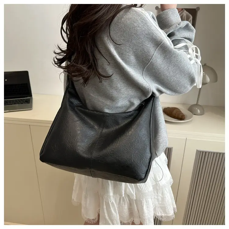 Women Retro Textured Armpit Bag Black White Brown — feature 10