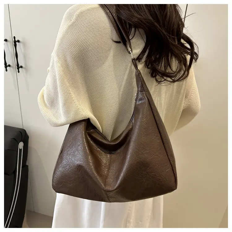 Women Retro Textured Armpit Bag Black White Brown — feature 11