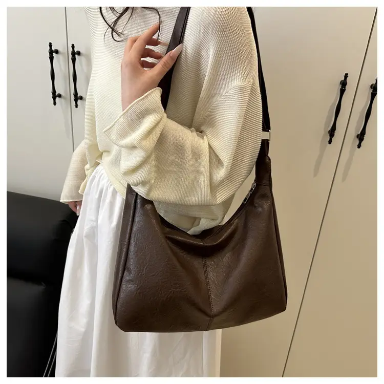 Women Retro Textured Armpit Bag Black White Brown — feature 12