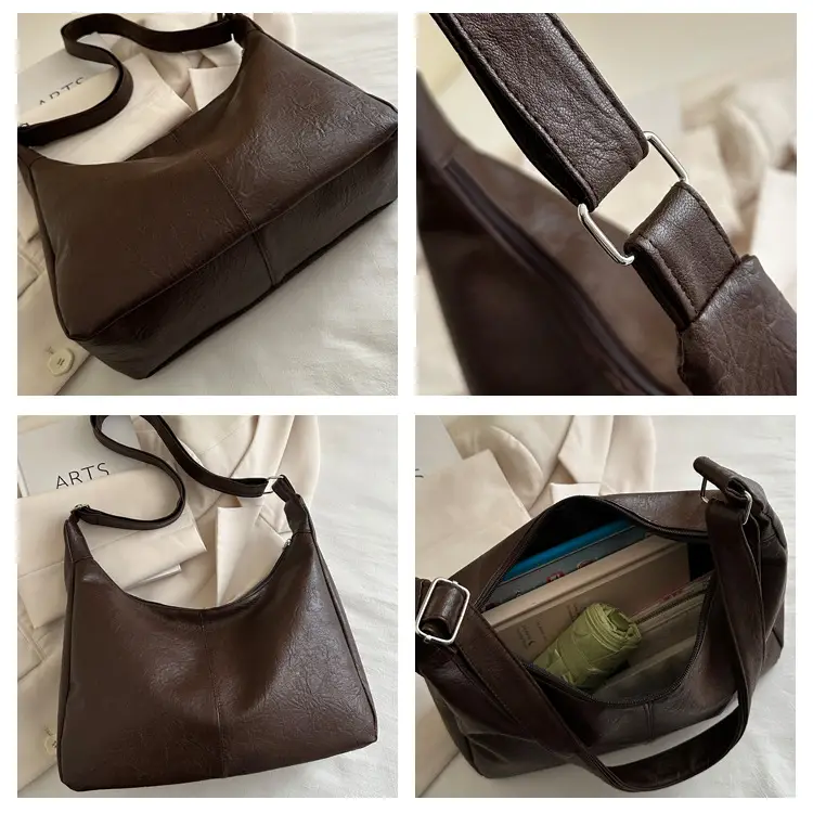 Women Retro Textured Armpit Bag Black White Brown — feature 6