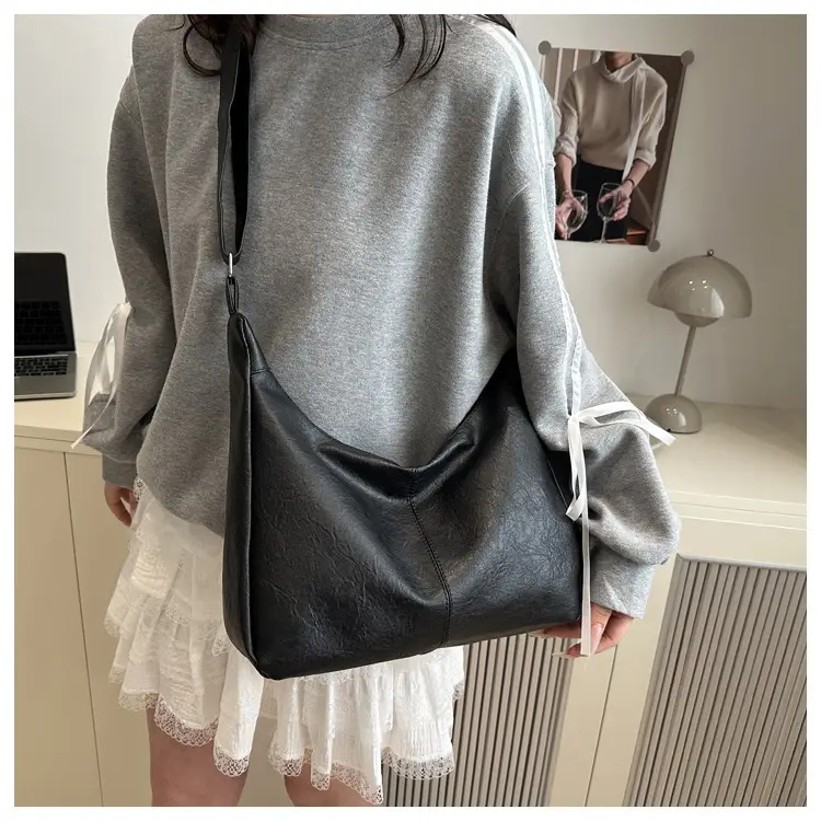 Women Retro Textured Armpit Bag Black White Brown — feature 9