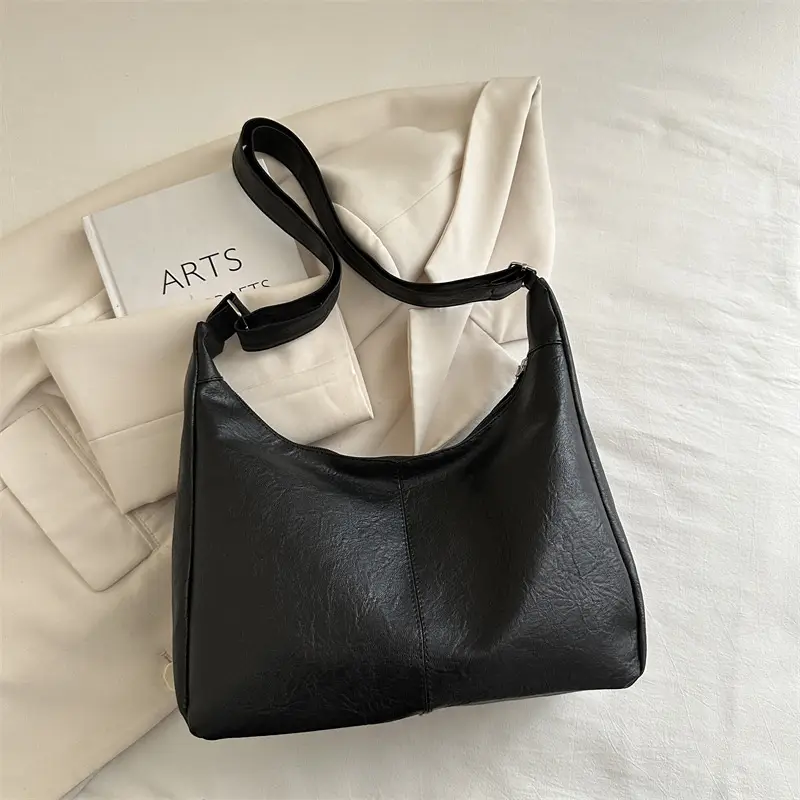 Women Retro Textured Armpit Bag Black White Brown - Image 2