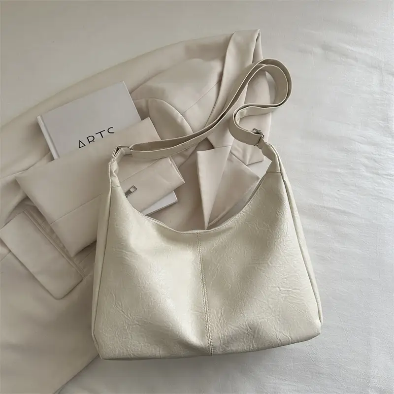 Women Retro Textured Armpit Bag Black White Brown - Image 3