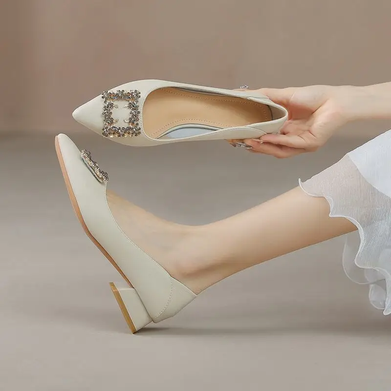 French Style Rhinestone Pointed Toe Chunky Heel Pumps for Women - Image 4