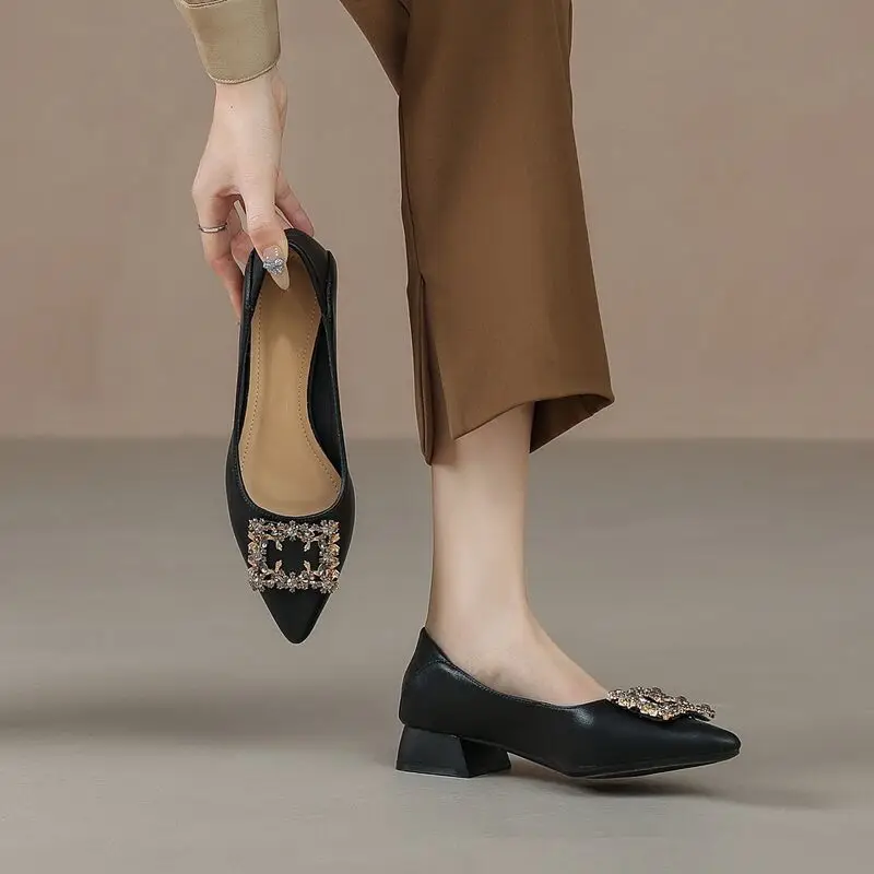 French Style Rhinestone Pointed Toe Chunky Heel Pumps for Women - Image 5