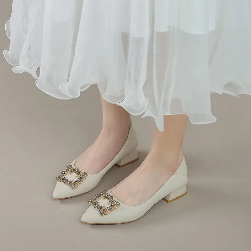 French Style Rhinestone Pointed Toe Chunky Heel Pumps for Women - Image 6