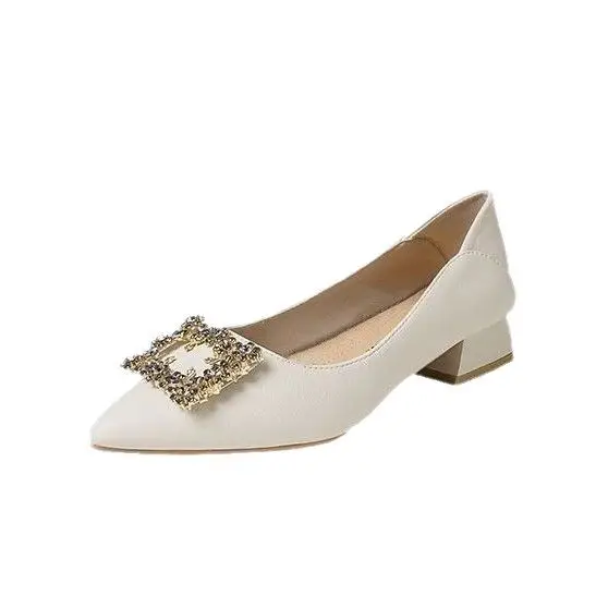 French Style Rhinestone Pointed Toe Chunky Heel Pumps for Women - Image 7