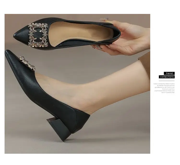 French Style Rhinestone Pointed Toe Chunky Heel Pumps for Women â feature 10