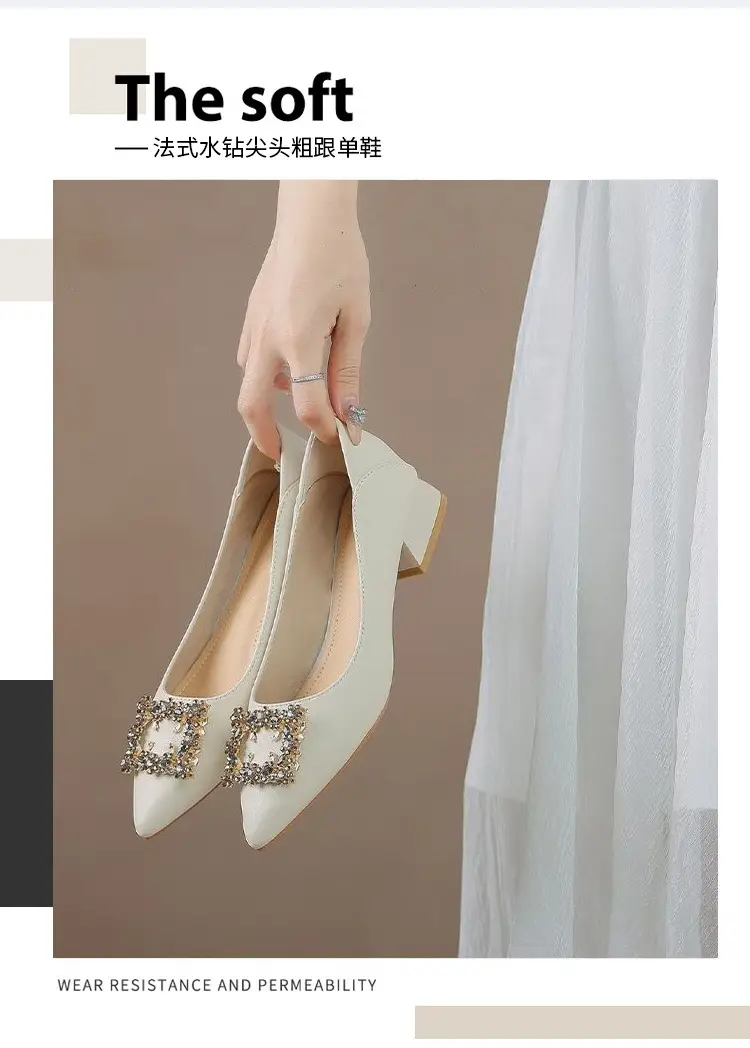 French Style Rhinestone Pointed Toe Chunky Heel Pumps for Women â feature 2