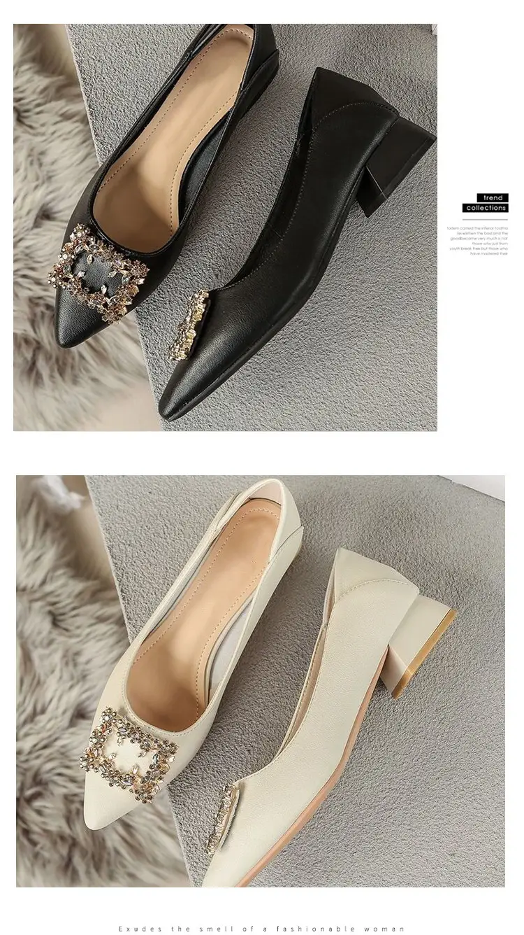 French Style Rhinestone Pointed Toe Chunky Heel Pumps for Women â feature 9