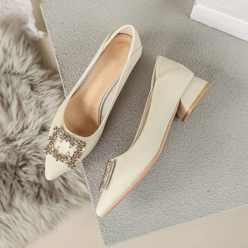 French Style Rhinestone Pointed Toe Chunky Heel Pumps for Women - Image 2
