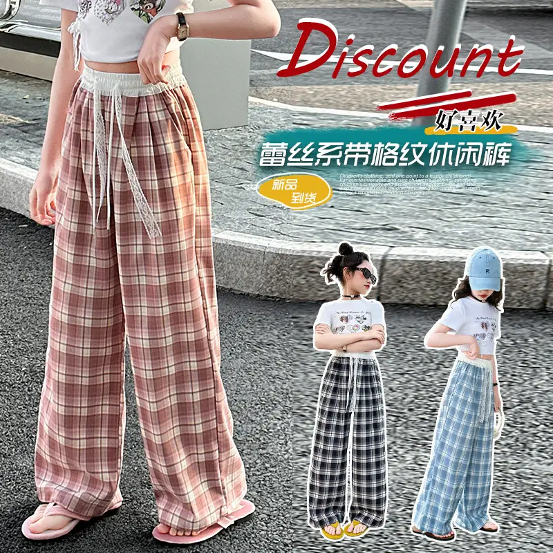 Girls Plaid Wide Leg Pants 2025 Summer Mid Large - Image 5