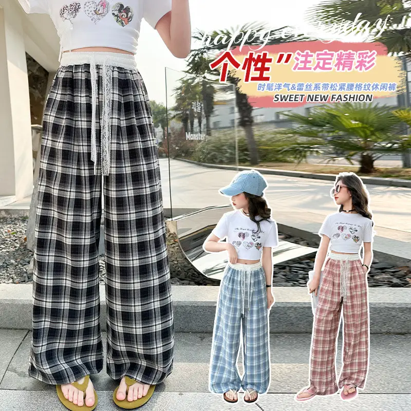 Girls Plaid Wide Leg Pants 2025 Summer Mid Large - Image 6