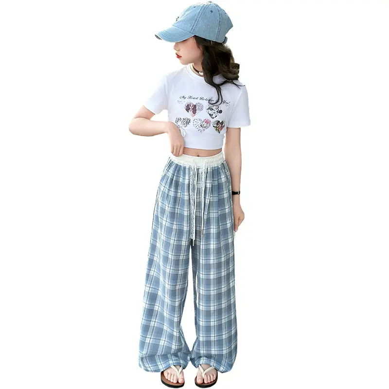 Girls Plaid Wide Leg Pants 2025 Summer Mid Large - Image 8