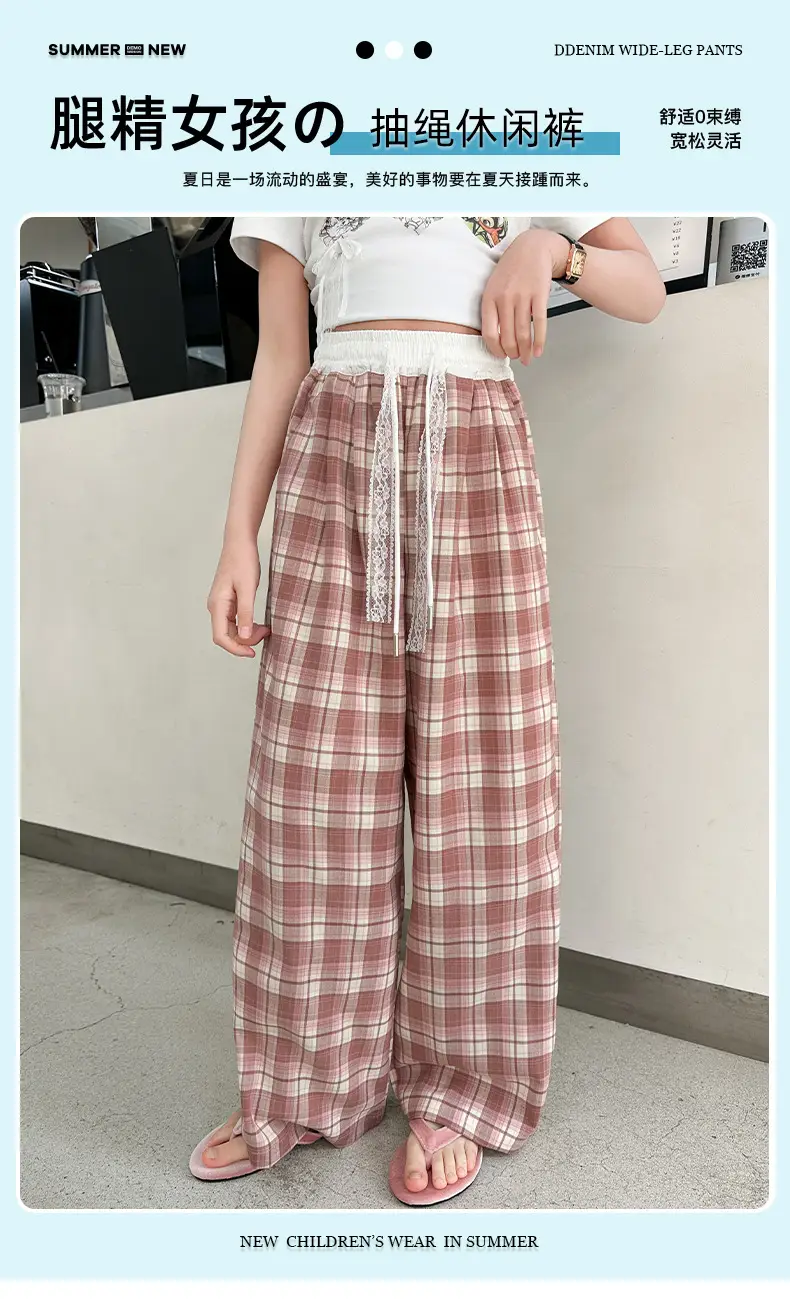 Girls Plaid Wide Leg Pants 2025 Summer Mid Large — feature 1