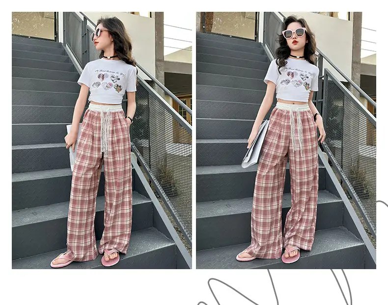 Girls Plaid Wide Leg Pants 2025 Summer Mid Large — feature 10