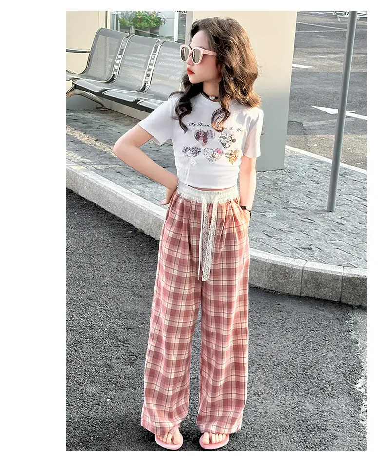 Girls Plaid Wide Leg Pants 2025 Summer Mid Large — feature 12