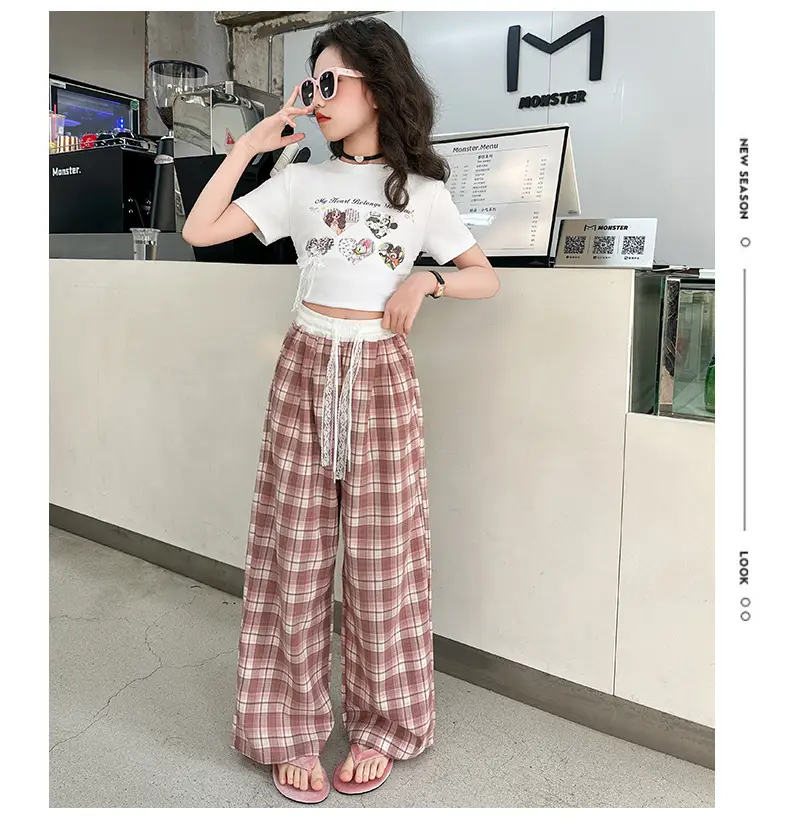 Girls Plaid Wide Leg Pants 2025 Summer Mid Large — feature 16
