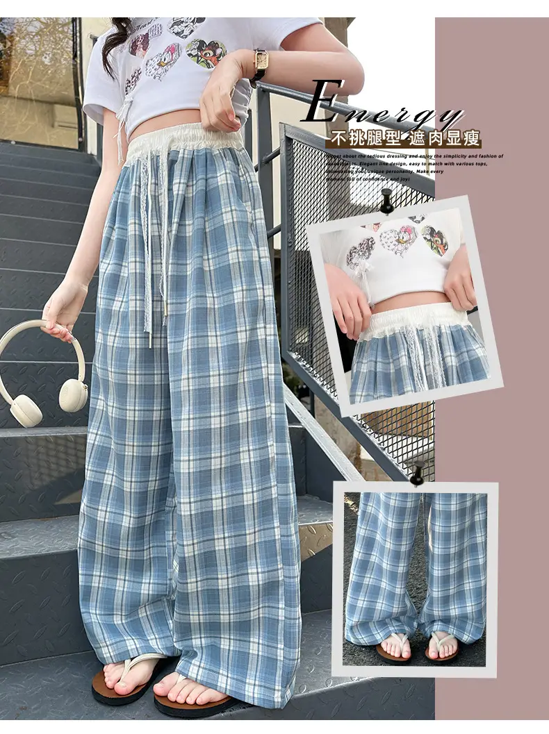 Girls Plaid Wide Leg Pants 2025 Summer Mid Large — feature 2