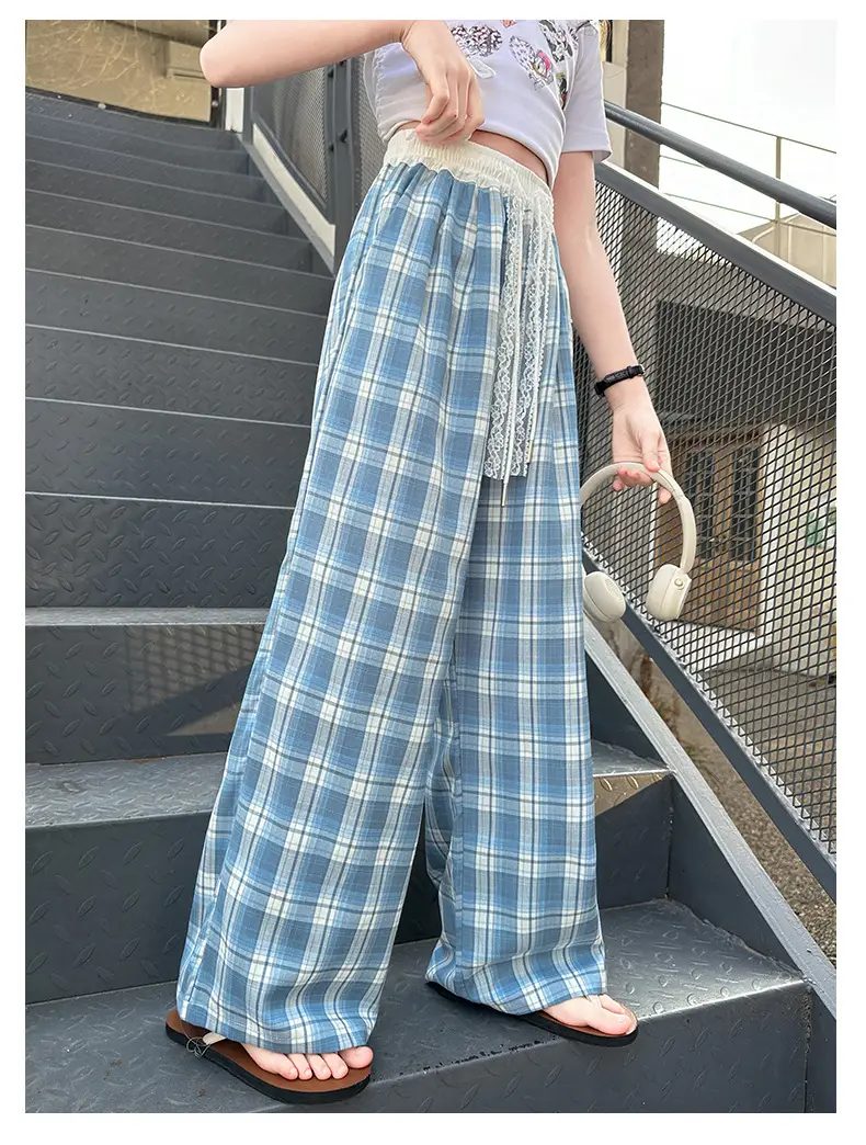 Girls Plaid Wide Leg Pants 2025 Summer Mid Large — feature 28