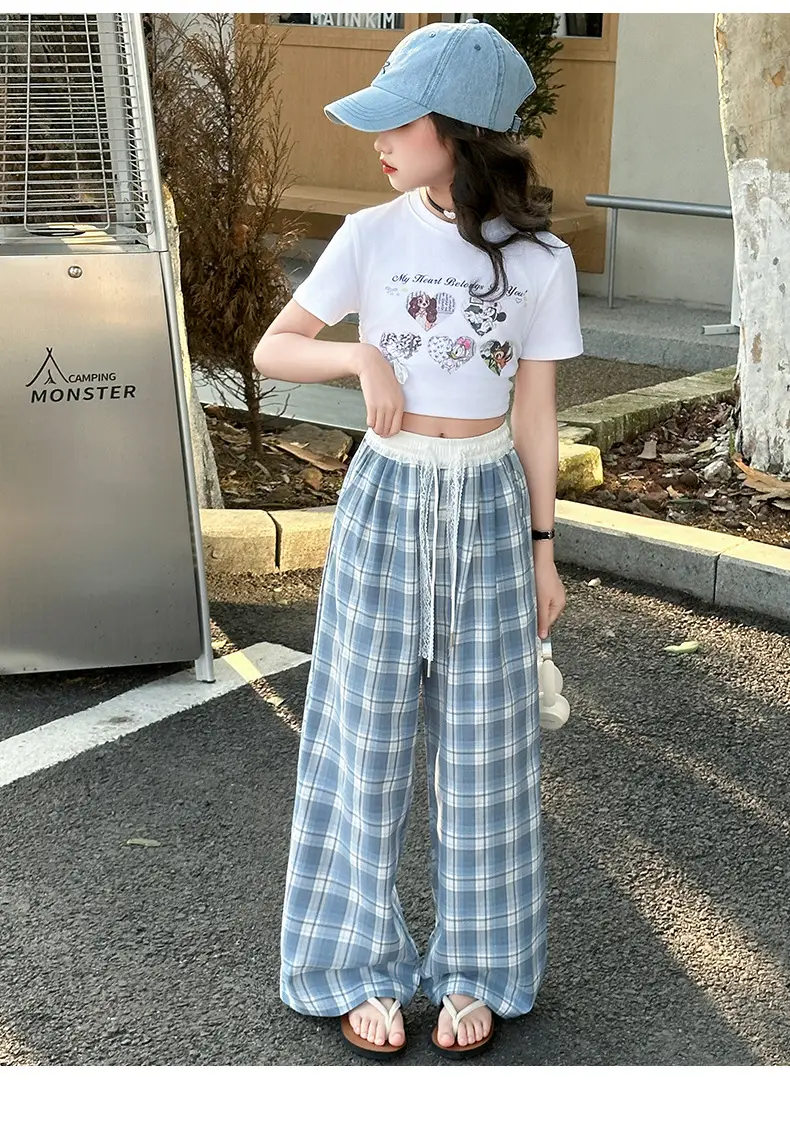Girls Plaid Wide Leg Pants 2025 Summer Mid Large — feature 29